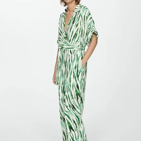 Mango green and white printed jumpsuit with bow NWT - Picture 3 of 5